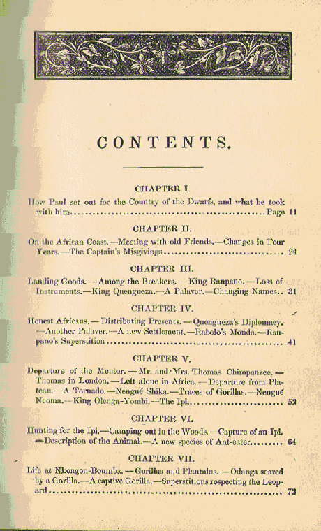 [Contents, Page 1 of 4] from Country of the Dwarfs by Paul du Chaillu