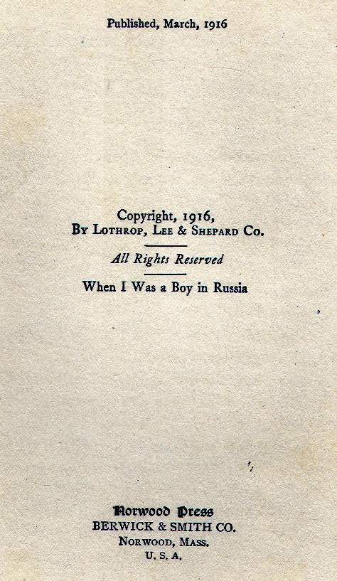 [Copyright Page] from When I was a Boy in Russia by Vladimir de Bogory