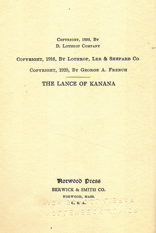 [Copyright Page] from The Lance of Kanana by Harry French