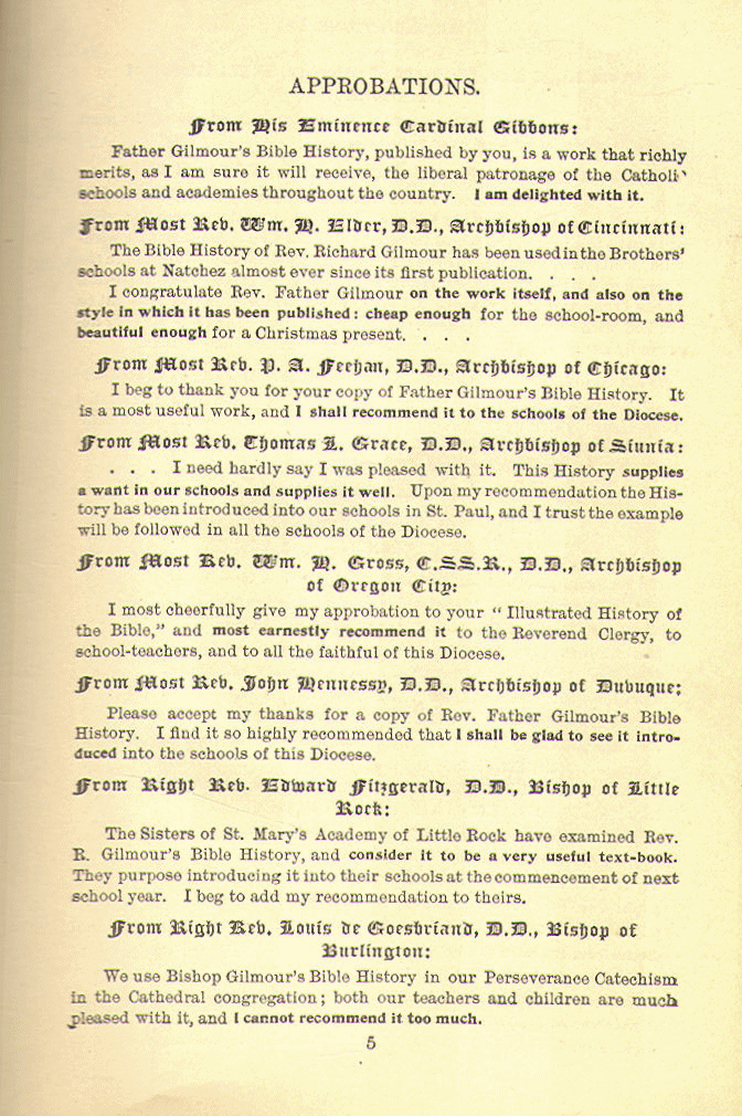 [Approbations, Page 1 of 2] from Bible History for Catholics by R. Gilmour