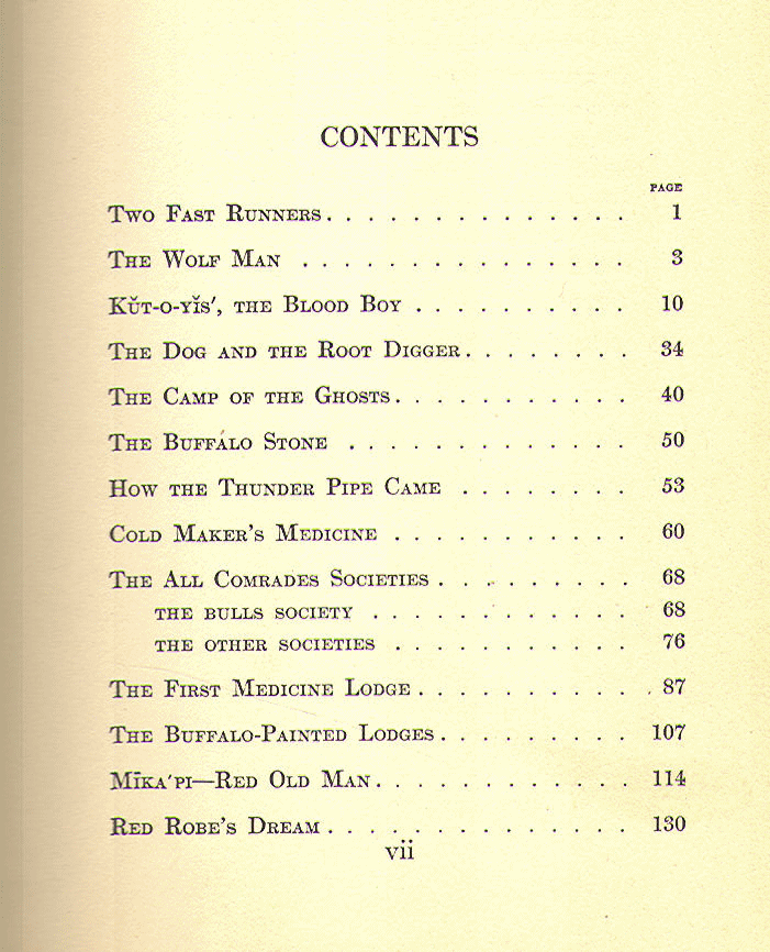 [Contents, Page 1 of 2] from Blackfeet Indian Stories by G. B. Grinnell