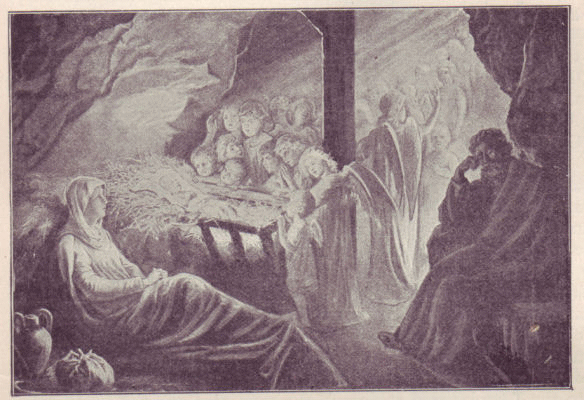 Jesus in the manger, with angels looking on