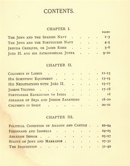 [Contents, 1 of 3] from Columbus and the Jews by Meyer Kayserling
