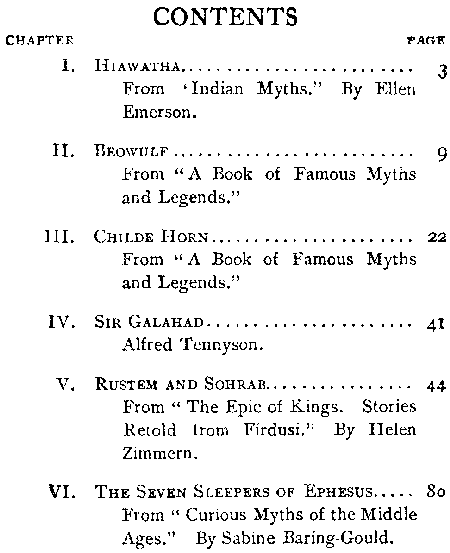 [Contents] from Legends Every Child Should Know by H. W. Mabie