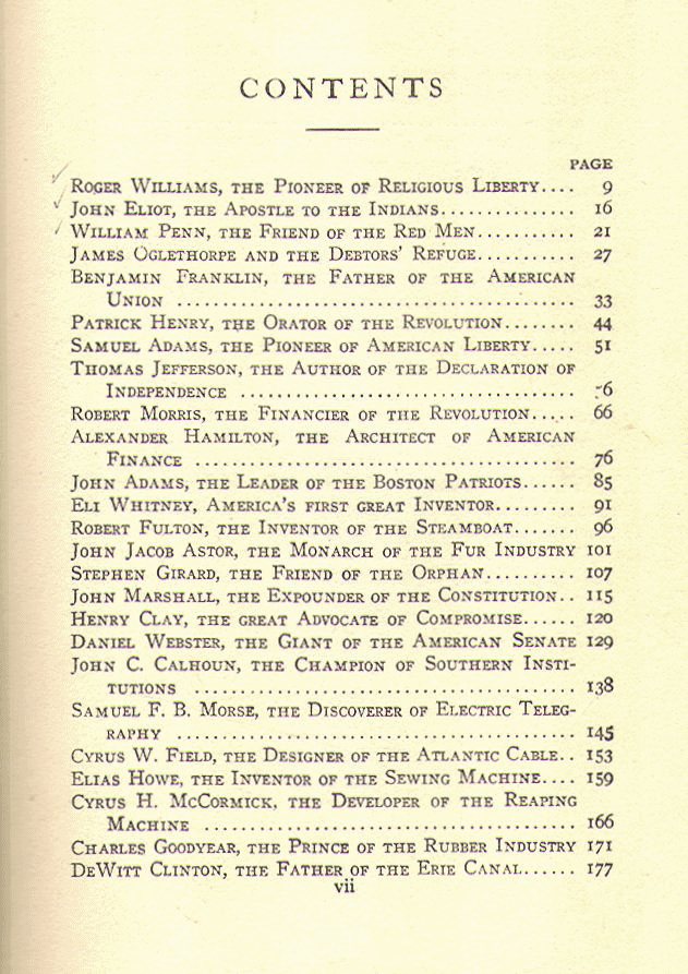 [Contents, Page 1 of 2] from Heroes of Progress in America by Charles Morris