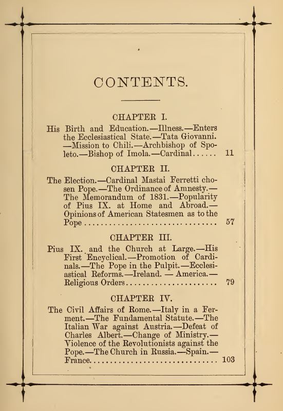 [Contents, Page 1 of 4] from Life of Pope Pius IX by J. G. Shea