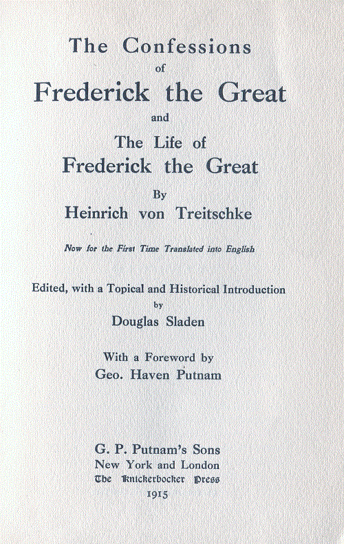 [Title Page] from Confessions of Frederick by H. Treitschke
